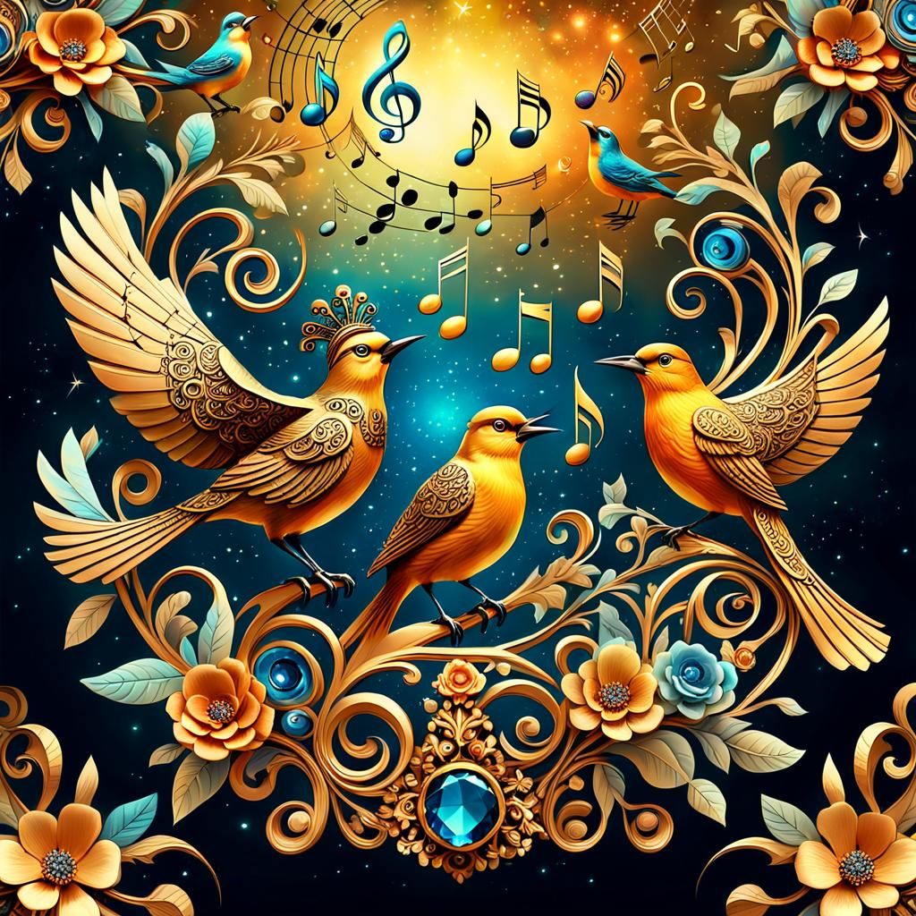 Gemstone Birds Sing in Golden Light