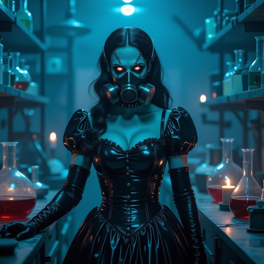 Frankenstein Bride in Dimly Lit Gothic Laboratory
