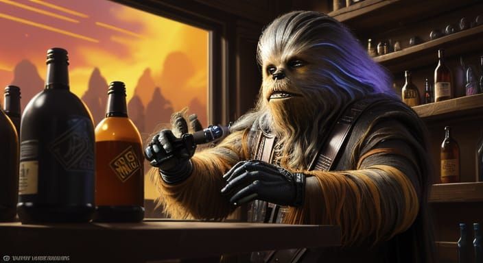 Wookiee Smuggler in a Vibrant Cantina Setting