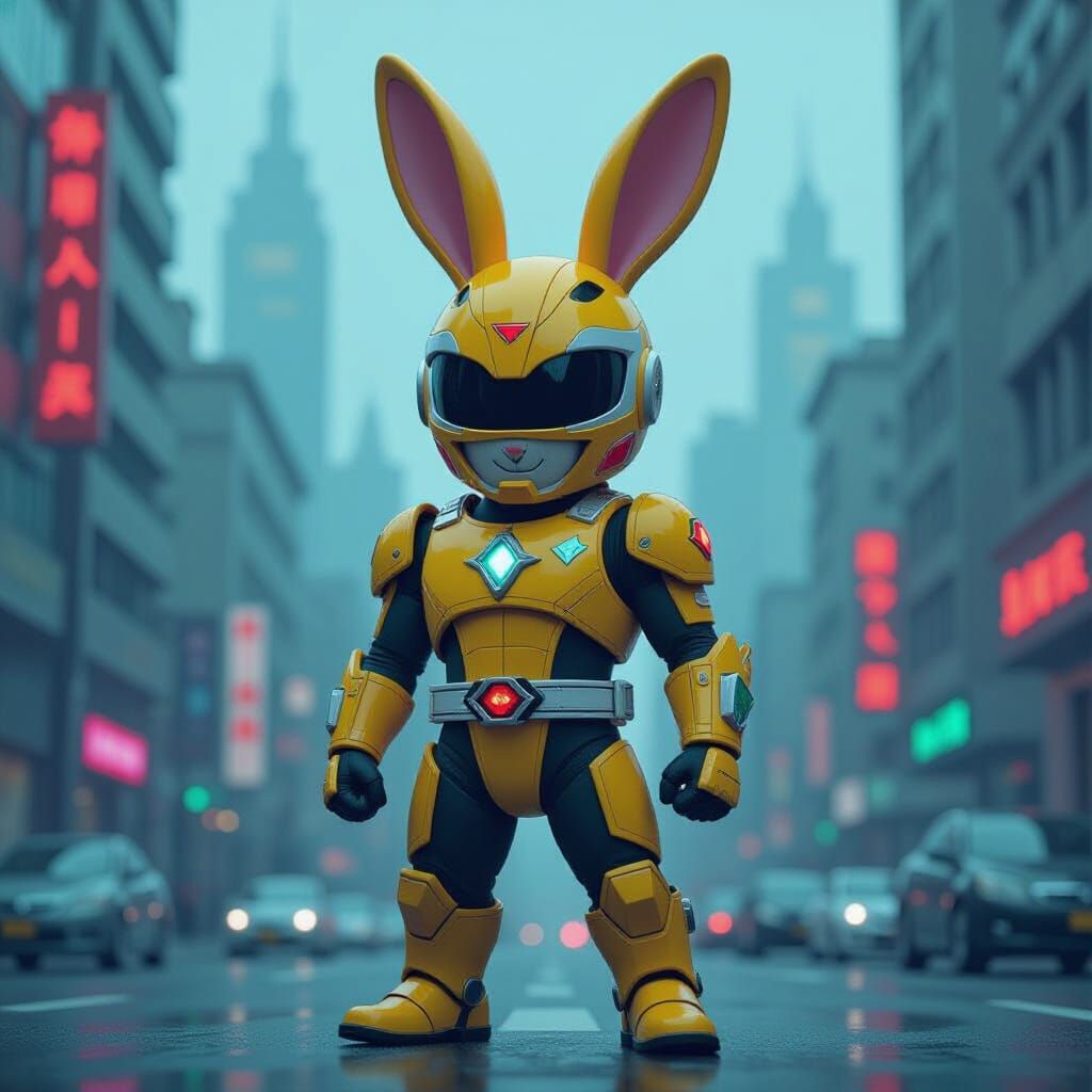 Heroic Yellow Bunny Power Ranger in Cyberpunk City