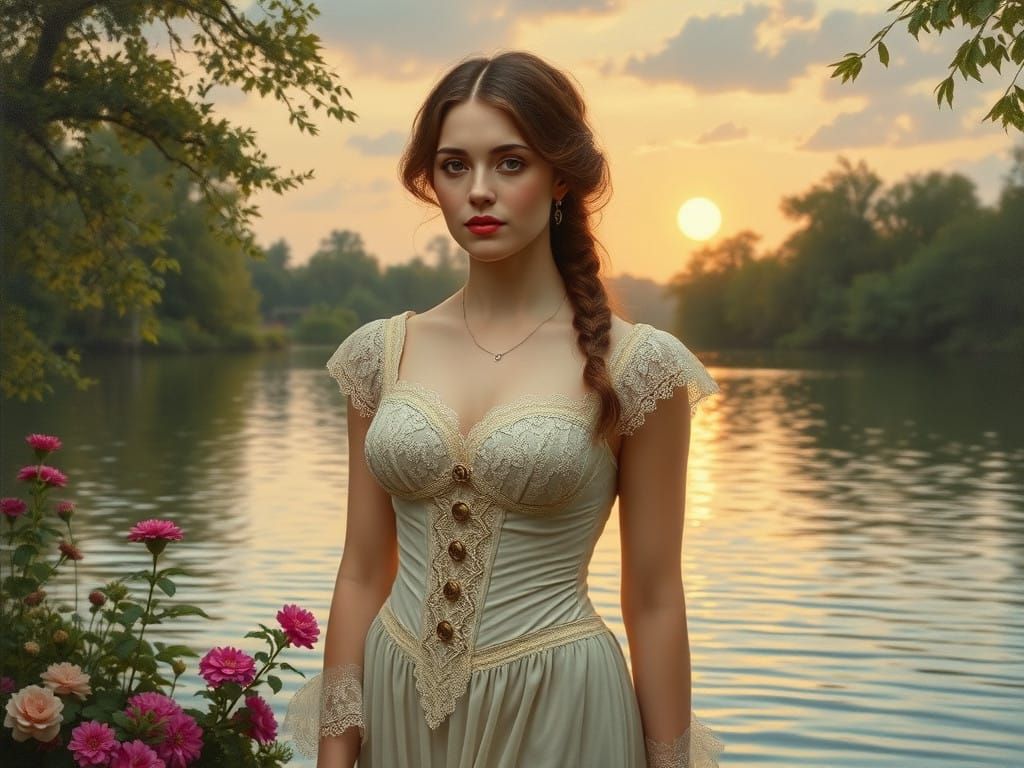 Ethereal Victorian Beauty by the Serene Lake