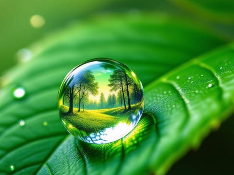 Dewdrop Reflecting Enchanted Forest on Leaf