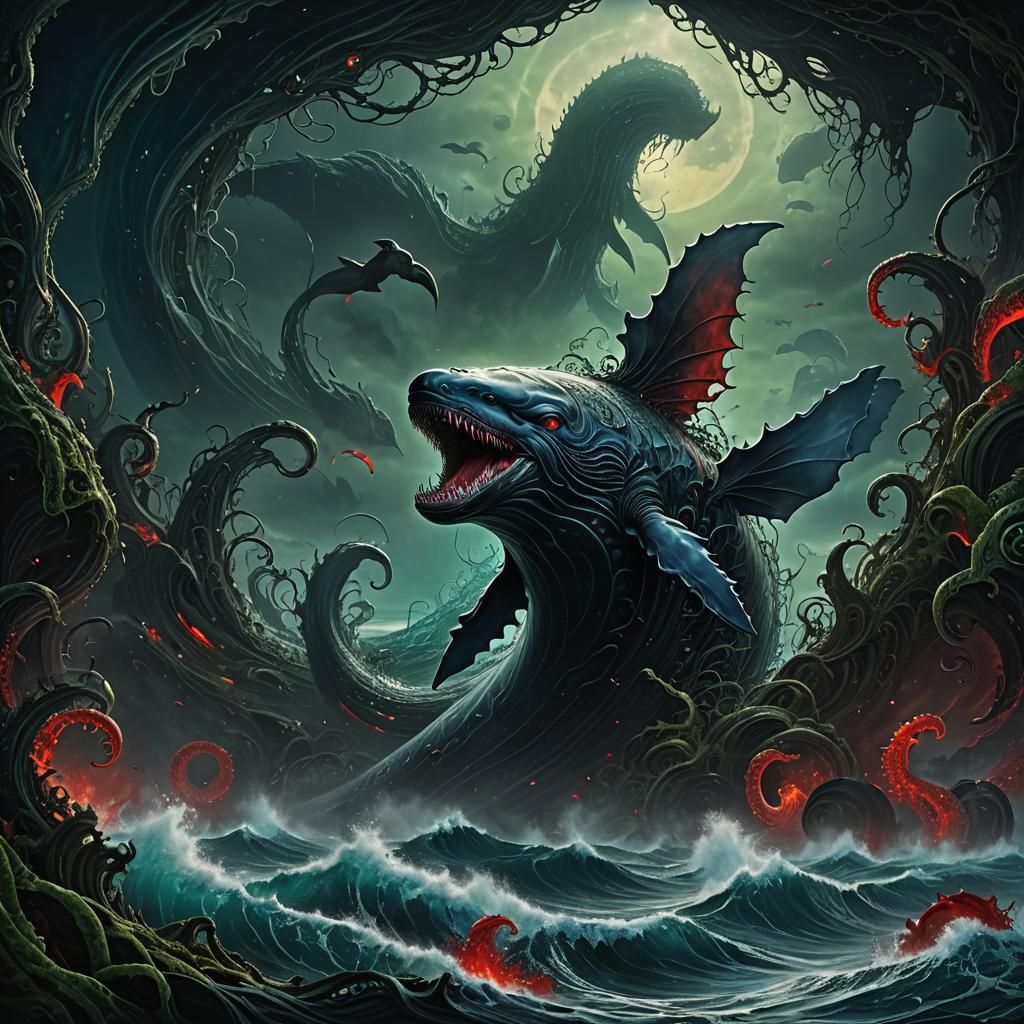 Demonic Red-Eyed Whale Breaching, Dark Fantasy Art