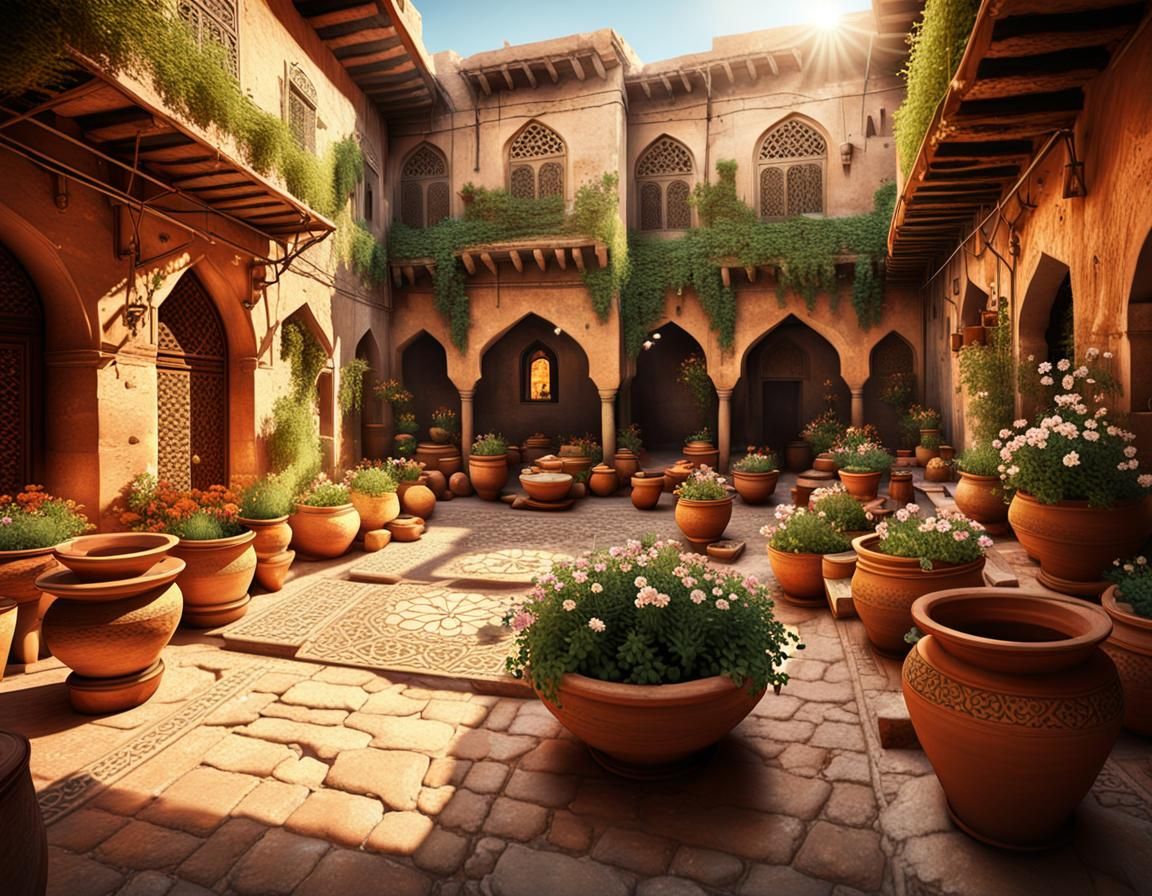 Bustling Arabic Courtyard with Magical Realism Aesthetic