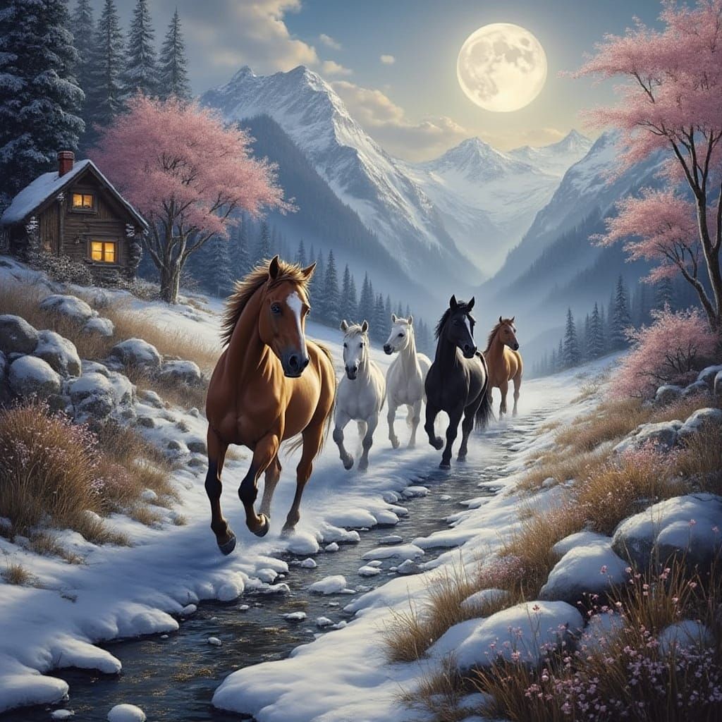 Horses Run in Snowy Swiss Alps Landscape