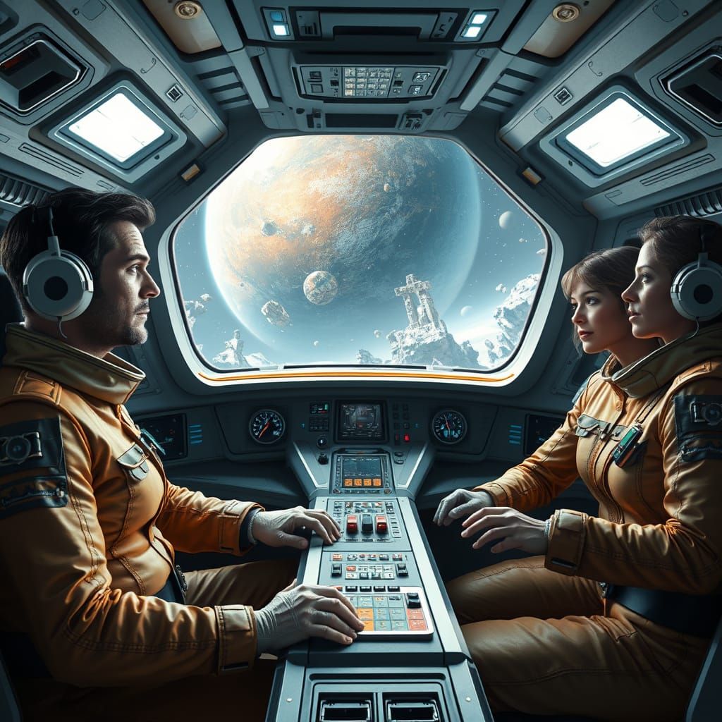 Astronauts in Spaceship Cockpit Observing Distant Planet