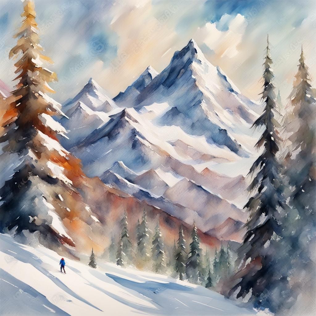 Snowy Ski Mountain in Gouache Watercolor Style