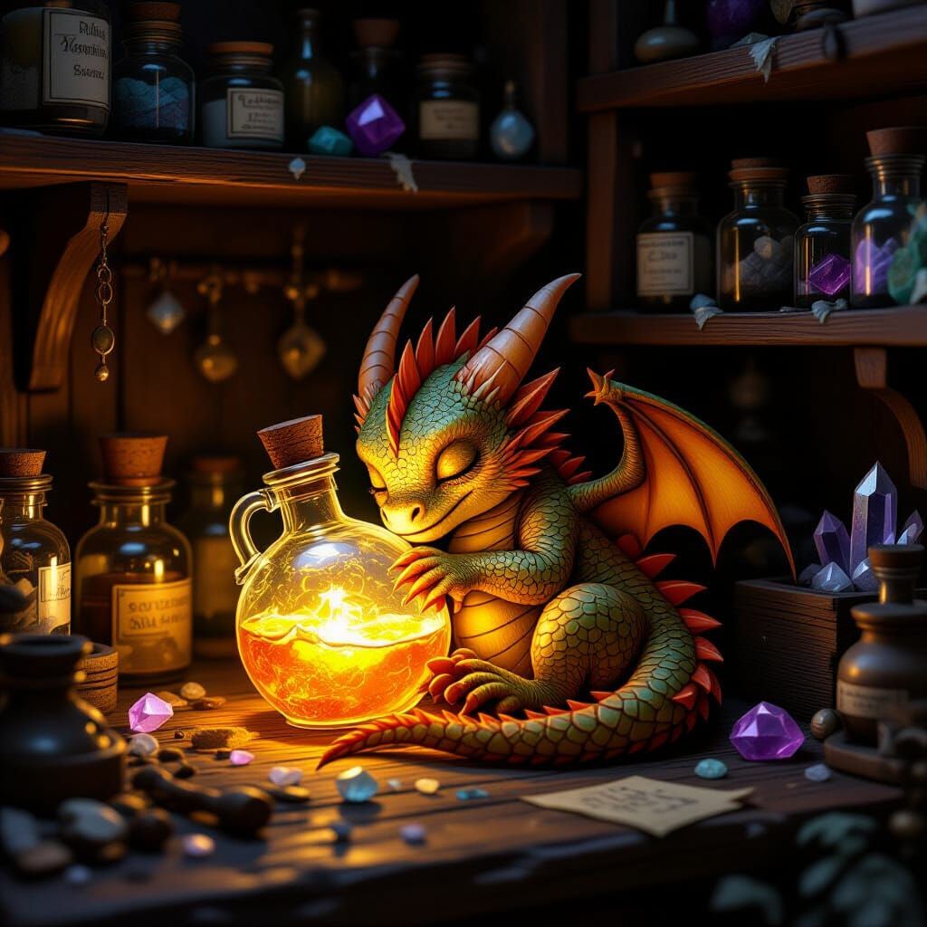 Baby Dragon Sleeps by Glowing Potion in Alchemist's Cabinet