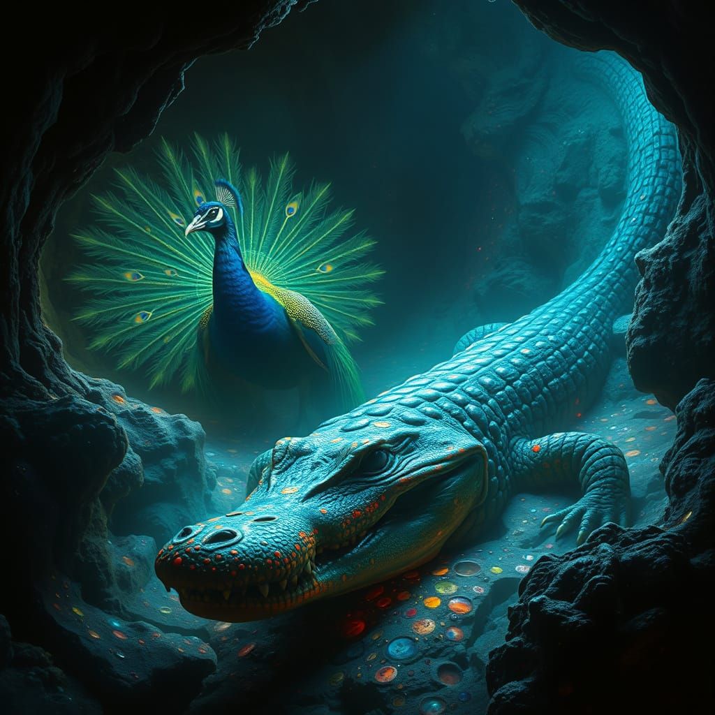 Surreal Cave Slime Engulfs Peacock Alligator