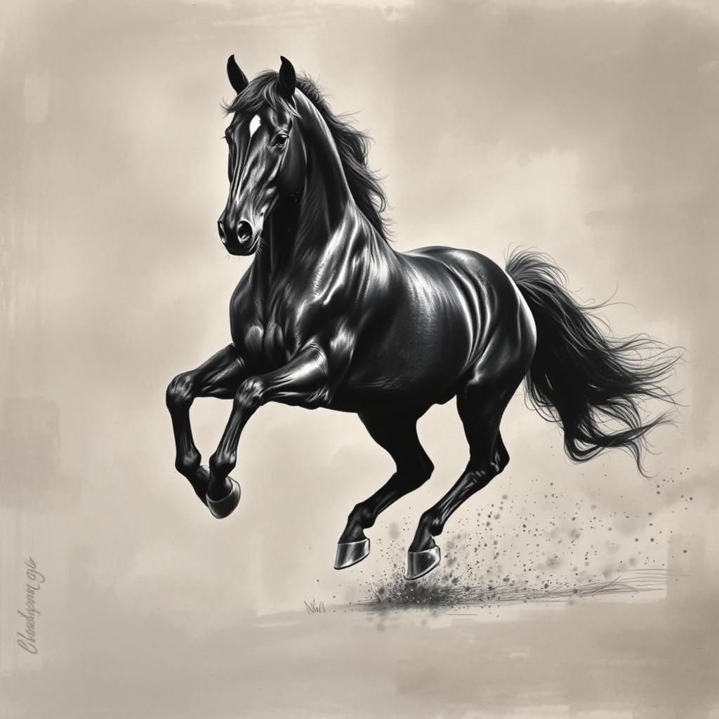 Majestic Black Stallion Charcoal Drawing