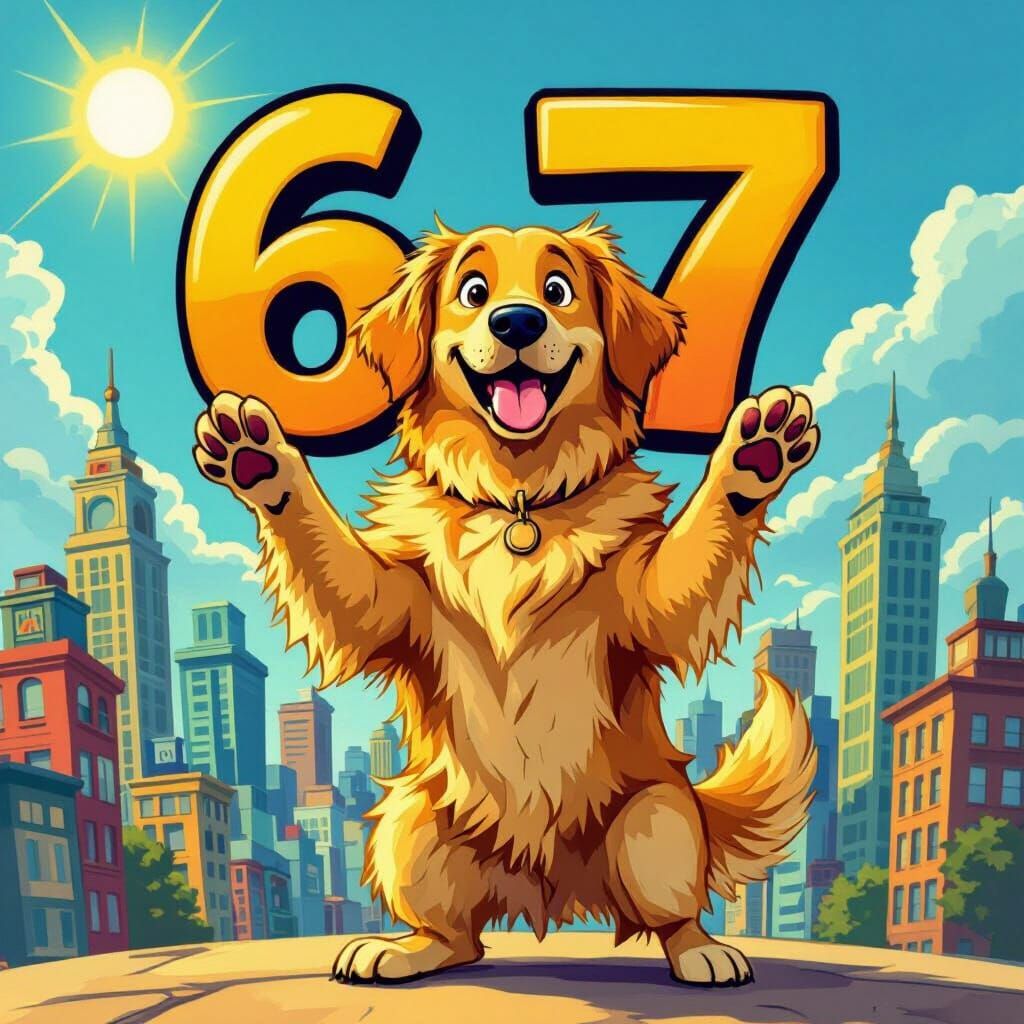 Golden Retriever Holds 67 in Cartoon Cityscape