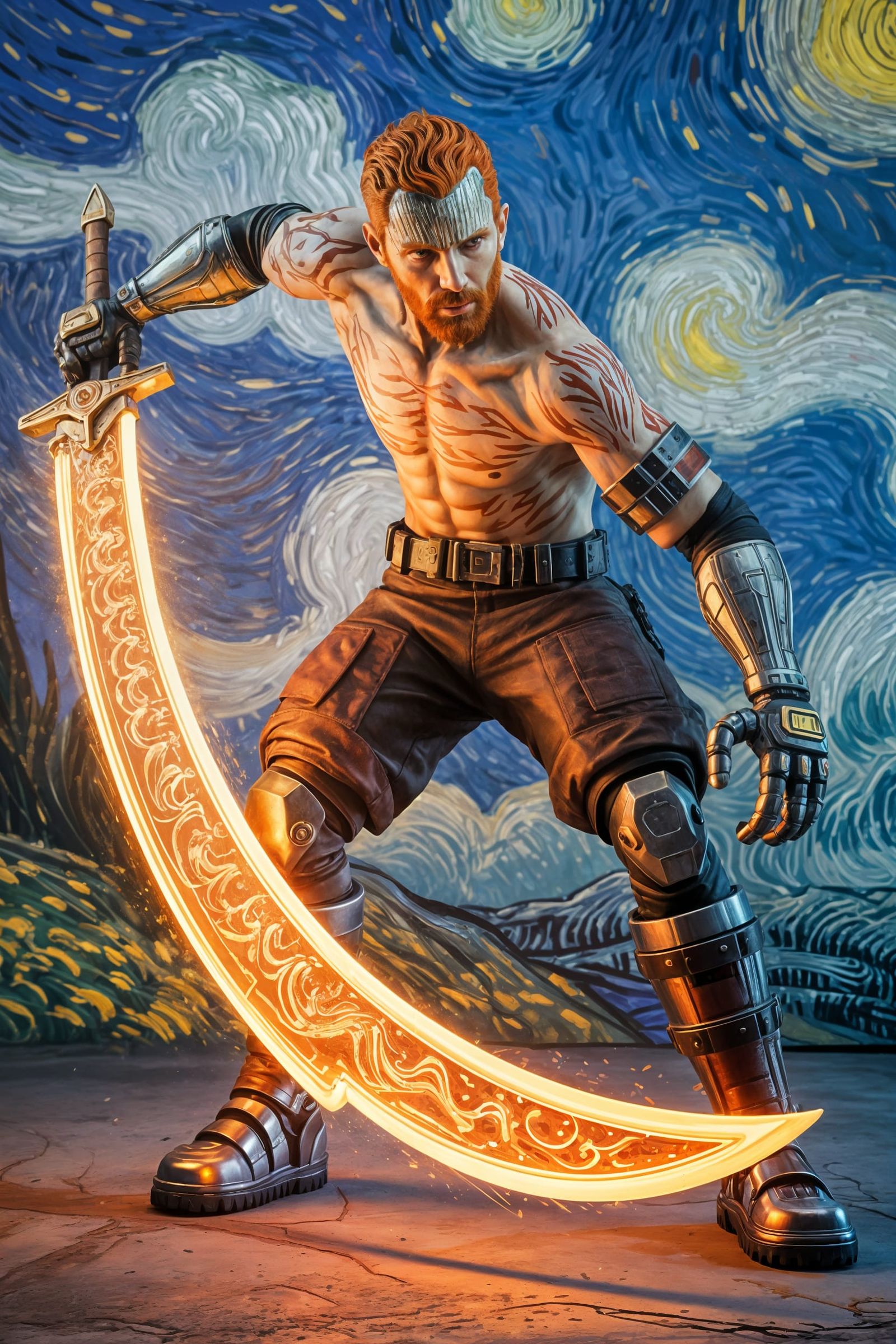 Van Gogh as Cybernetic Warrior with Glowing Scimitar