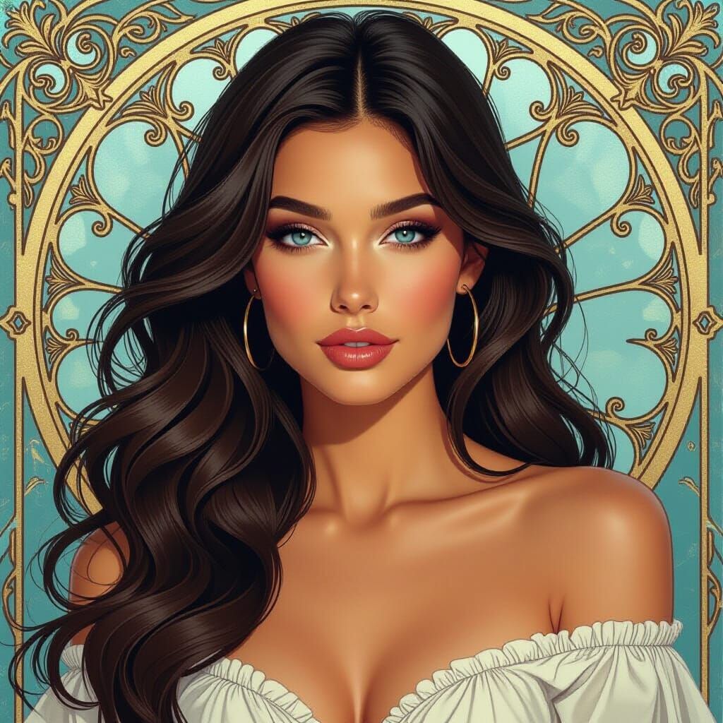 Glamorous Brunette Portrait in Art Nouveau Style