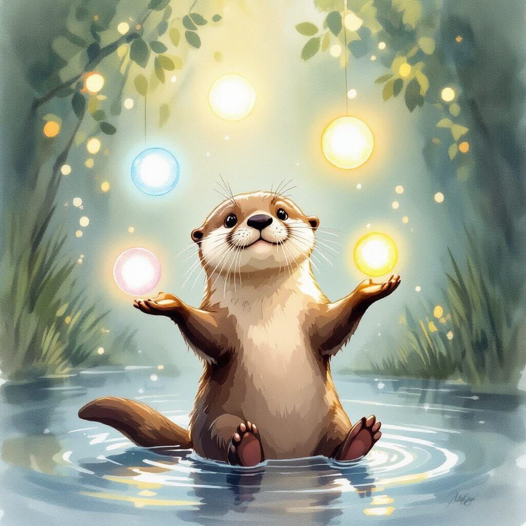 Playful Otter Juggles Glowing Orbs in Watercolor Style