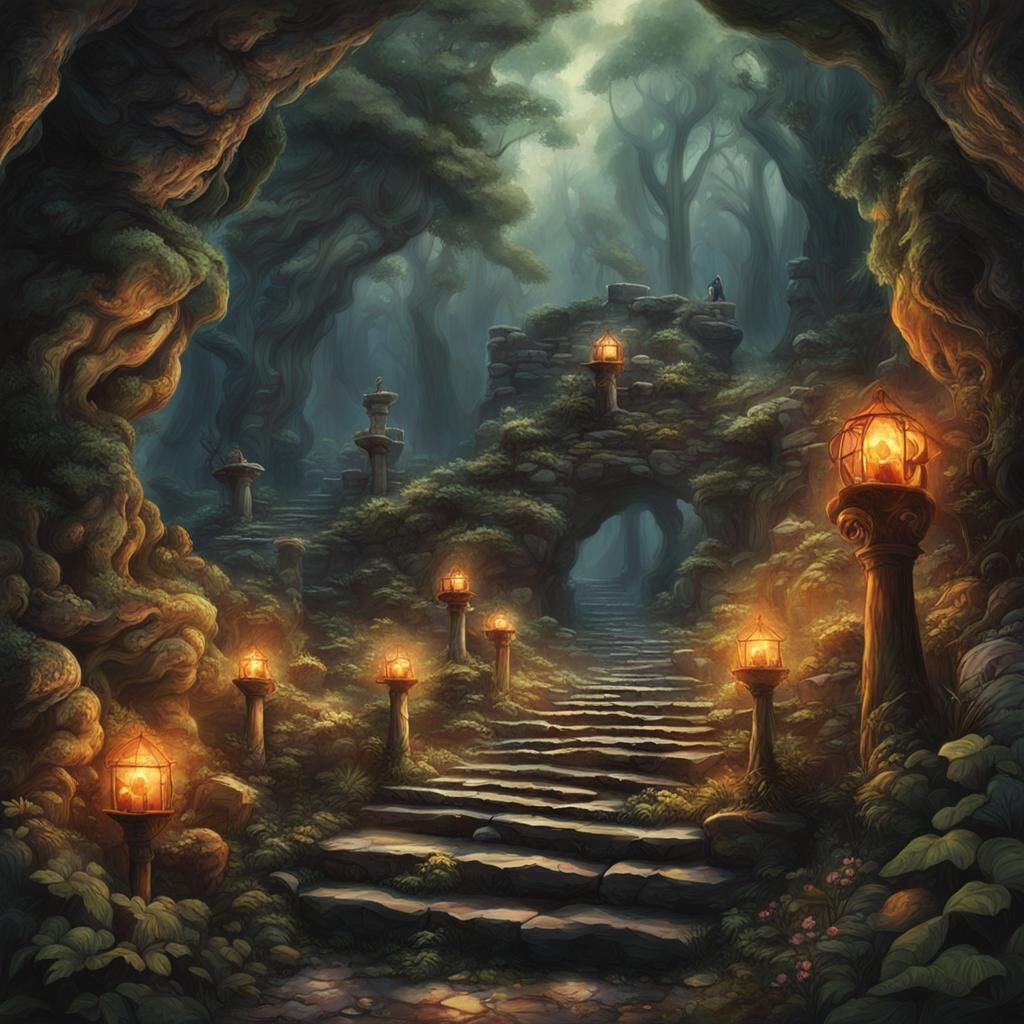 Messenger at Circe's Lair: Vintage Ink Painting