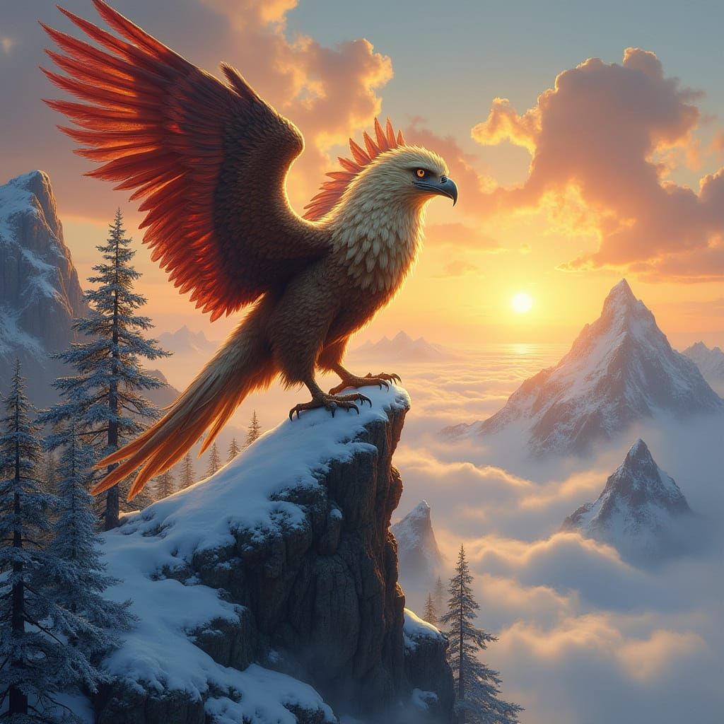 Griffin Perched Atop Mountain Peak in Fantasy Style