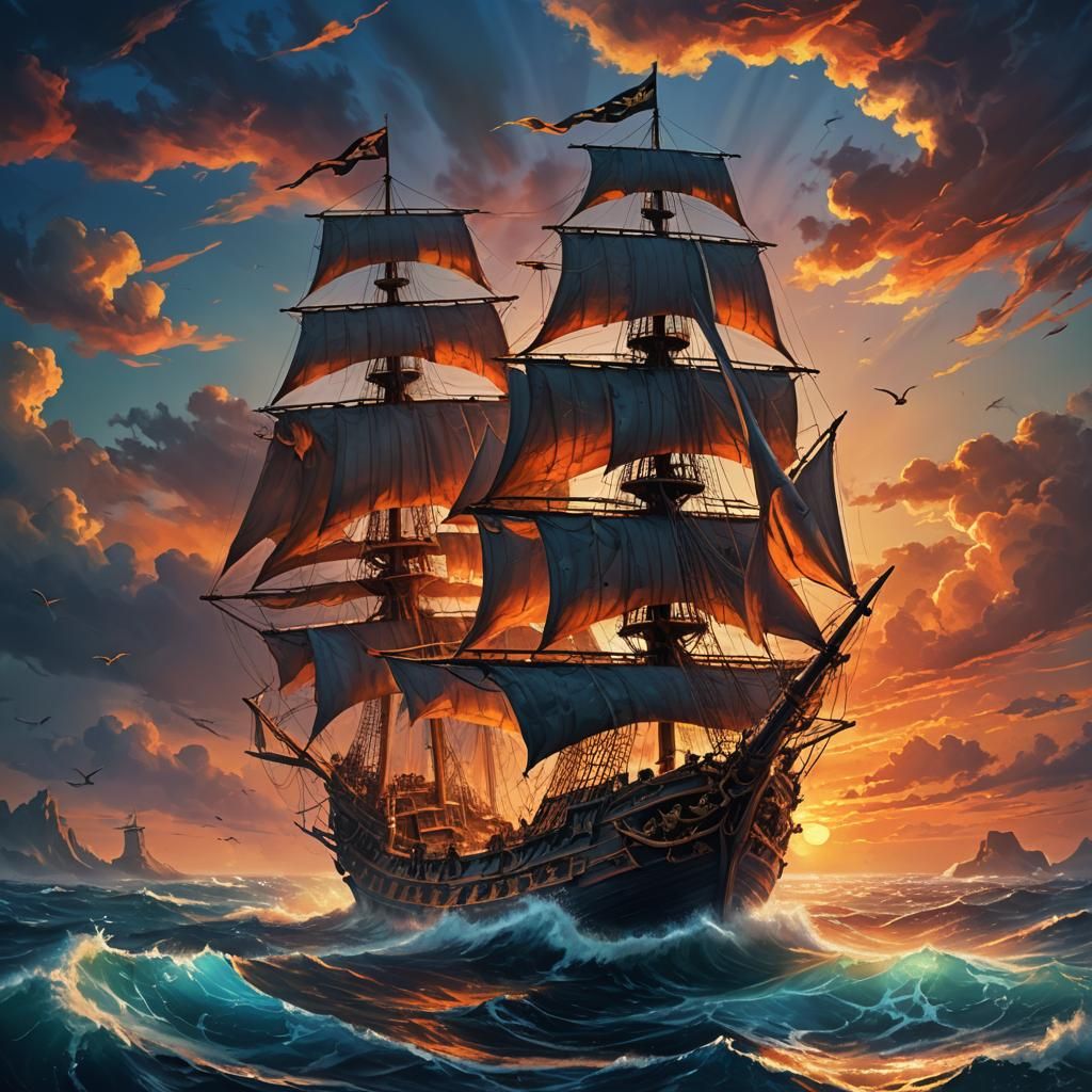 Pirate Ship at Sunset: Fantasy Oil Painting