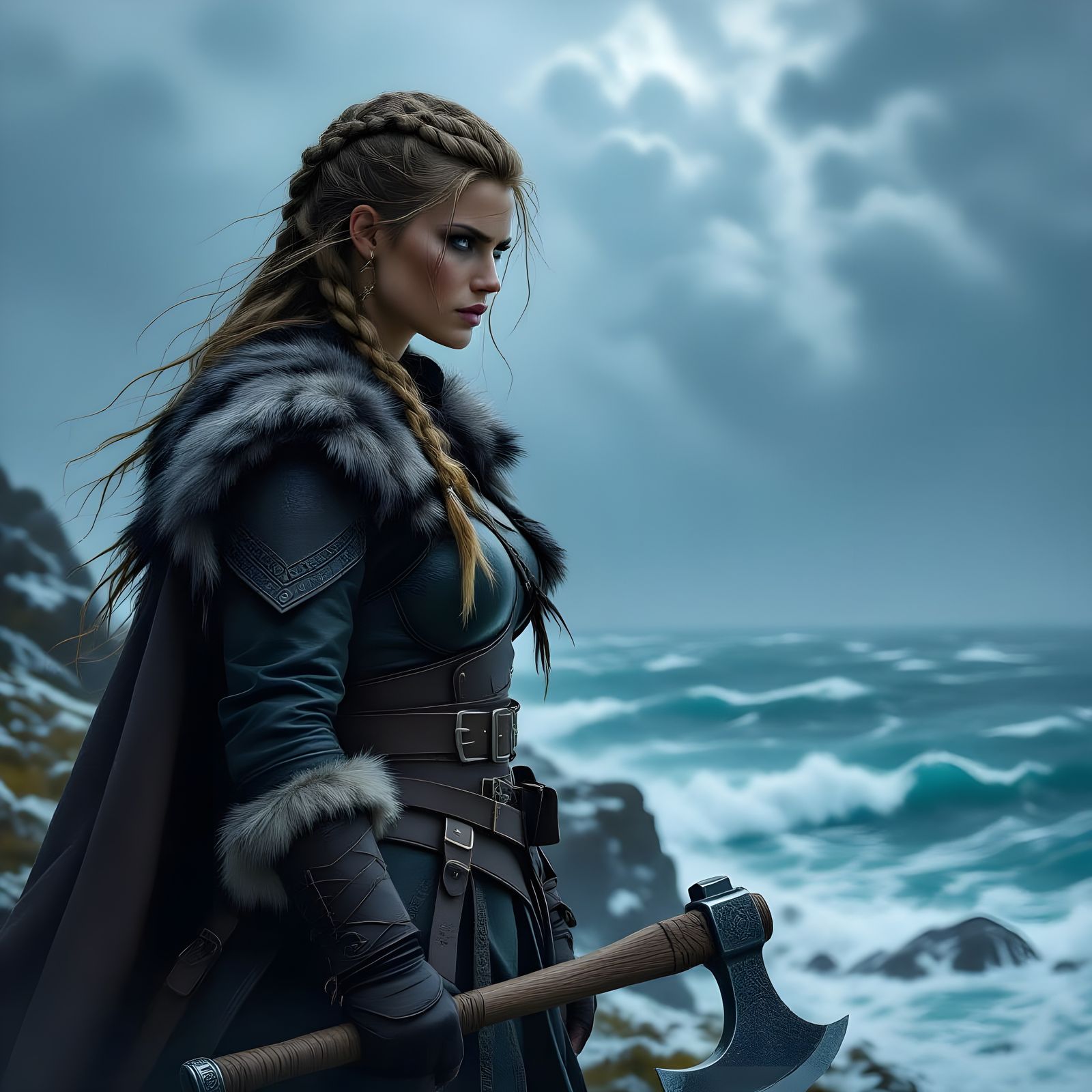 Viking Woman on Cliff in Grimdark Style