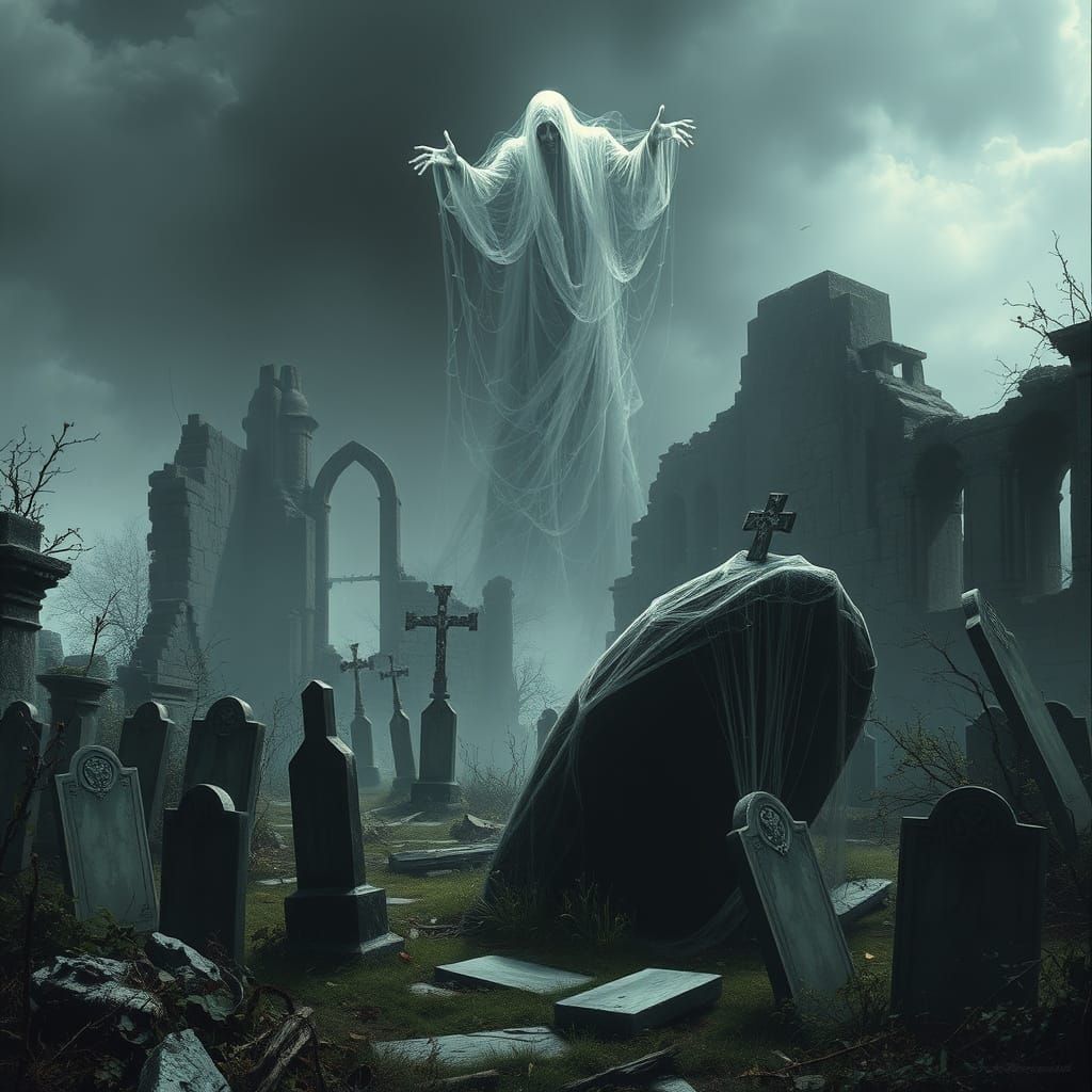 Eerie Abandoned Garden Spirit in Cubist Style