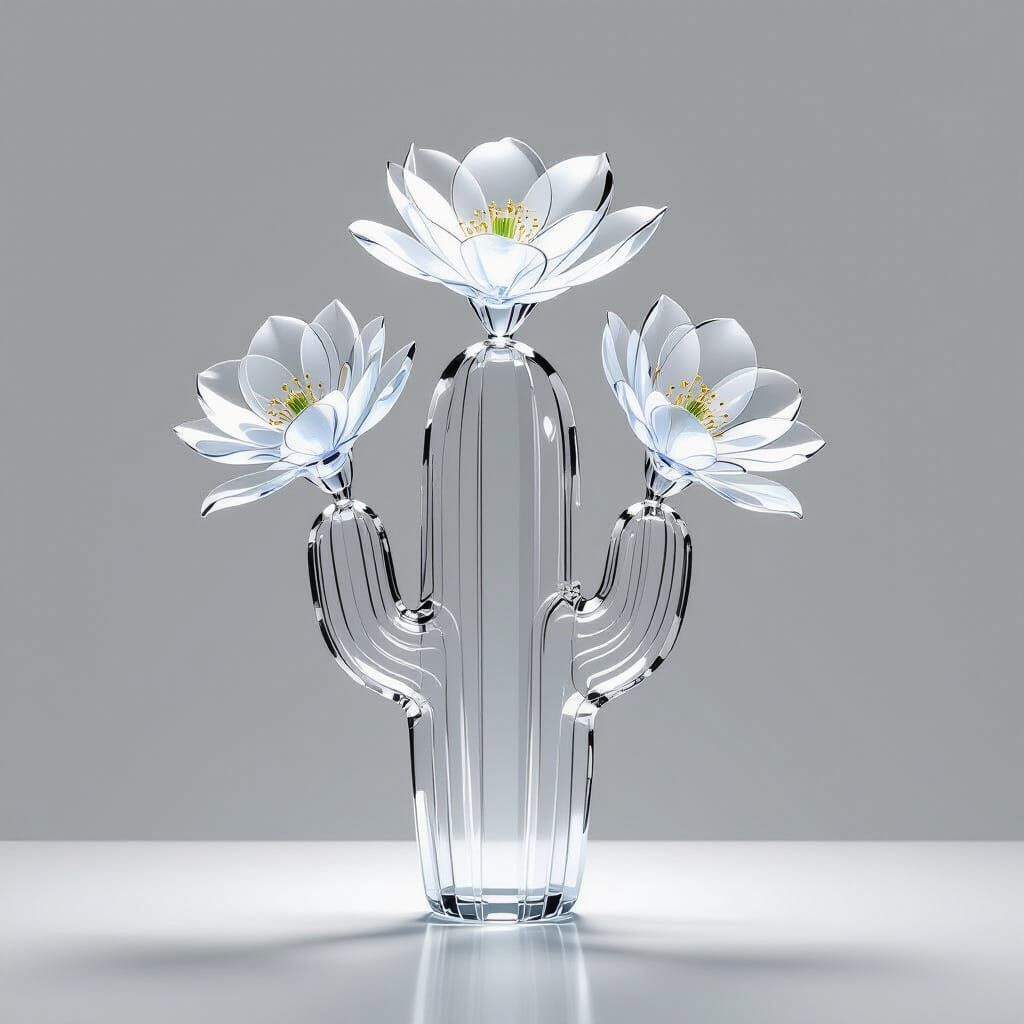 Transparent Glass Cactus Line Drawing with Delicate Flowers