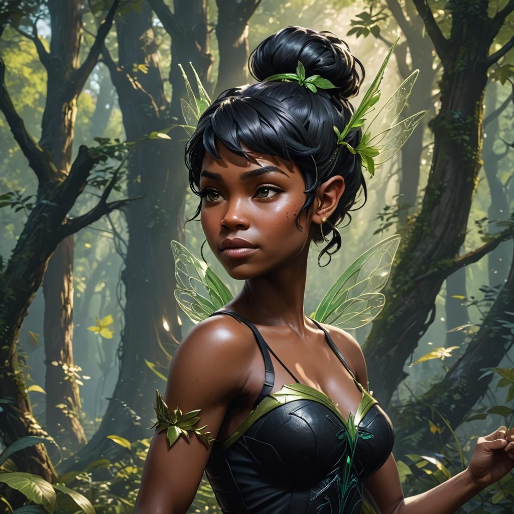 Muscular Tinkerbell Portrait in Forest, Detailed Art