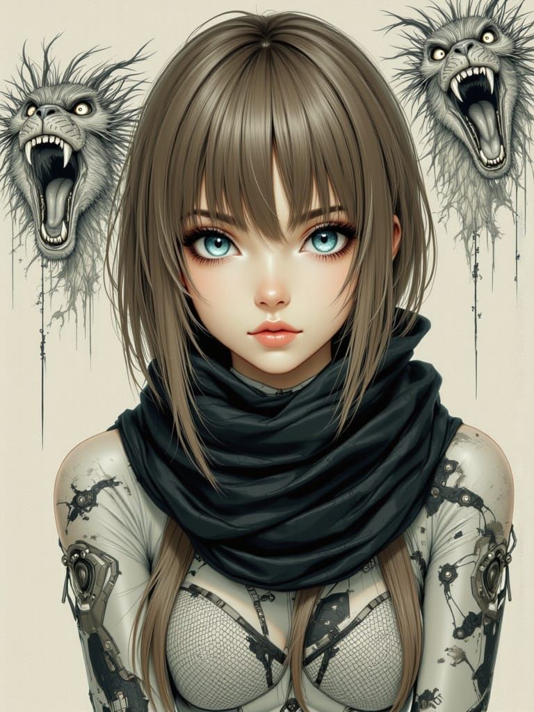 A stylized illustration of a melancholic girl with long, lig...