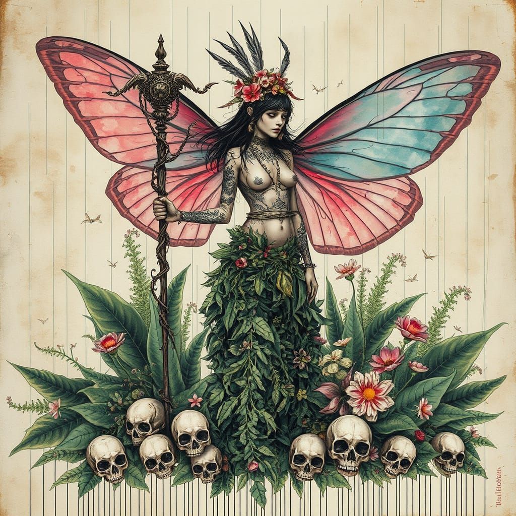 Dark Fairy with Skulls and Botanical Wings