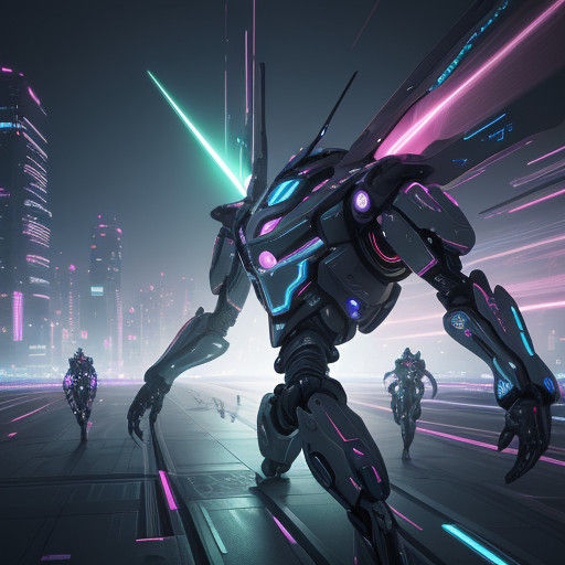 Futuristic Army of Fathom AI Robots in Neon Cityscape