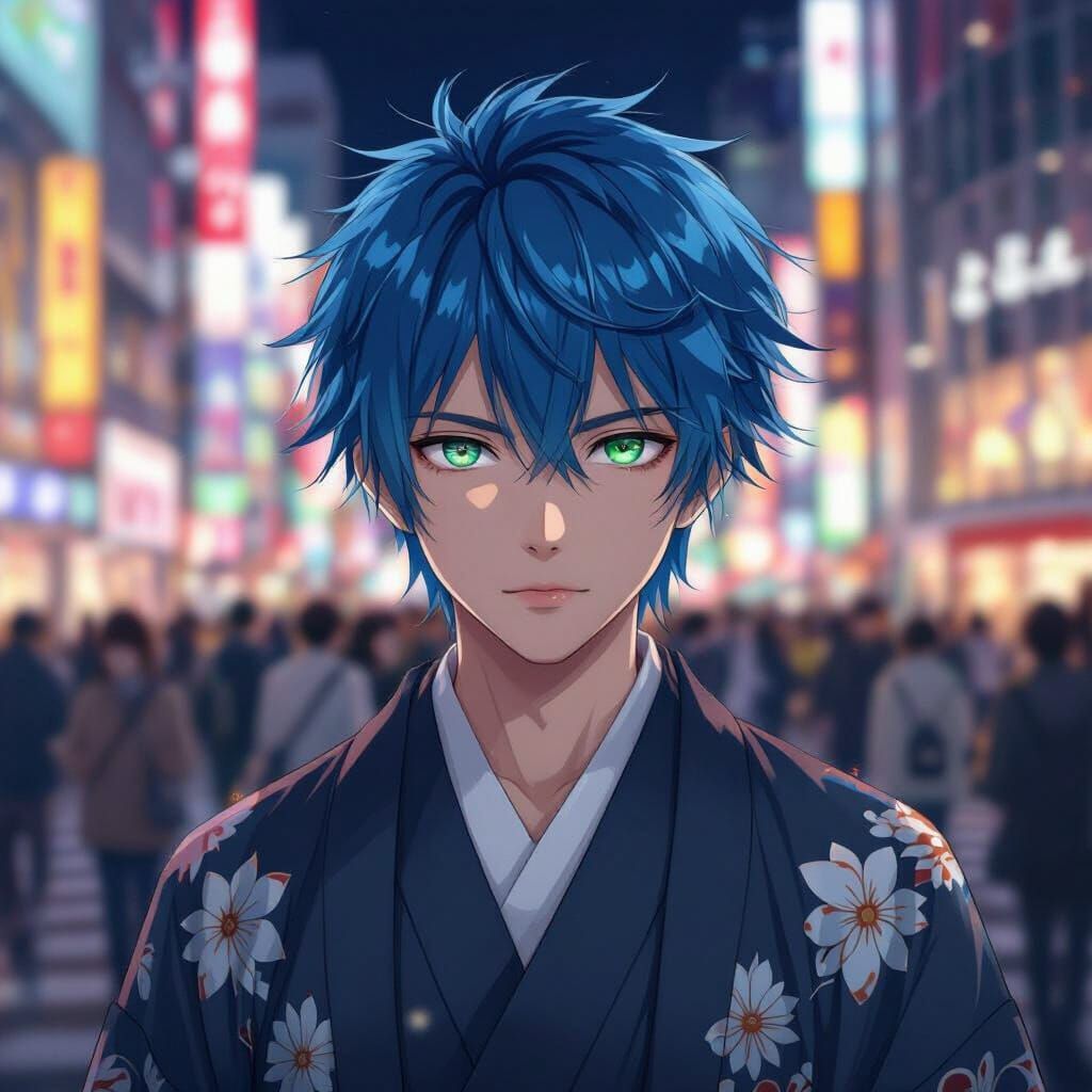 Anime-Inspired Young Man in Shibuya with Blue Hair