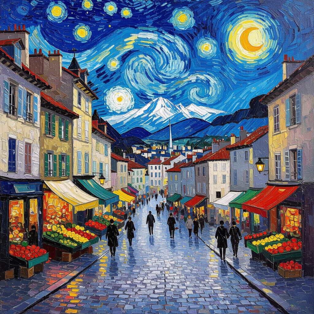 Van Gogh Style Impasto Painting of Bustling Lyon at Night