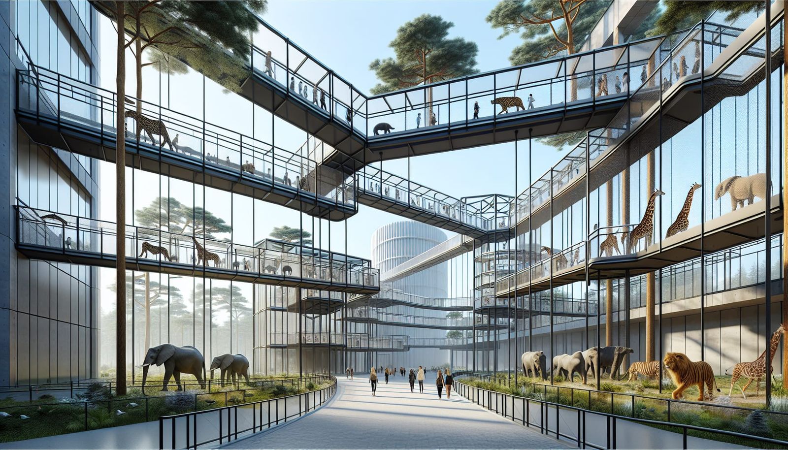 Futuristic Zoo with Glass Walkways and Diverse Wildlife