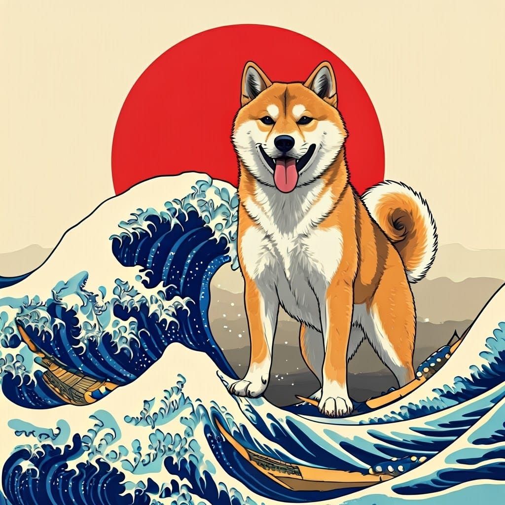 Imposing Shiba-Inu Dog Triumphs Over Turbulent Wave in Vibra...