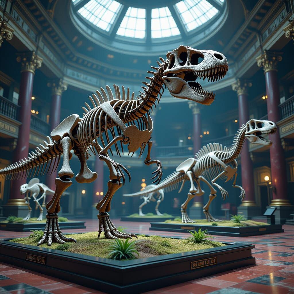Dinosaur Skeletons Displayed in Grand Museum, Matte Painting