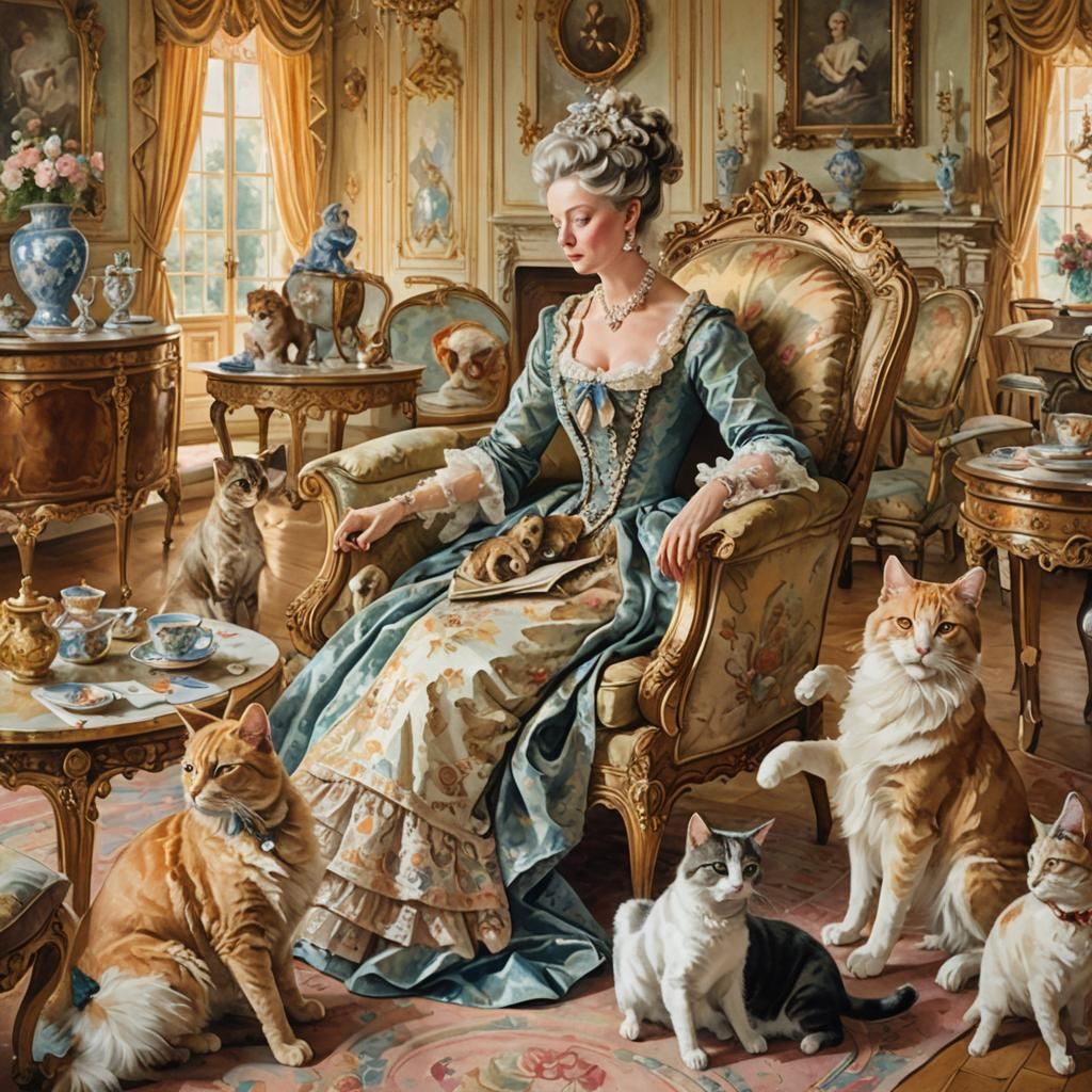 Rococo Woman with Pets in Drawing Room