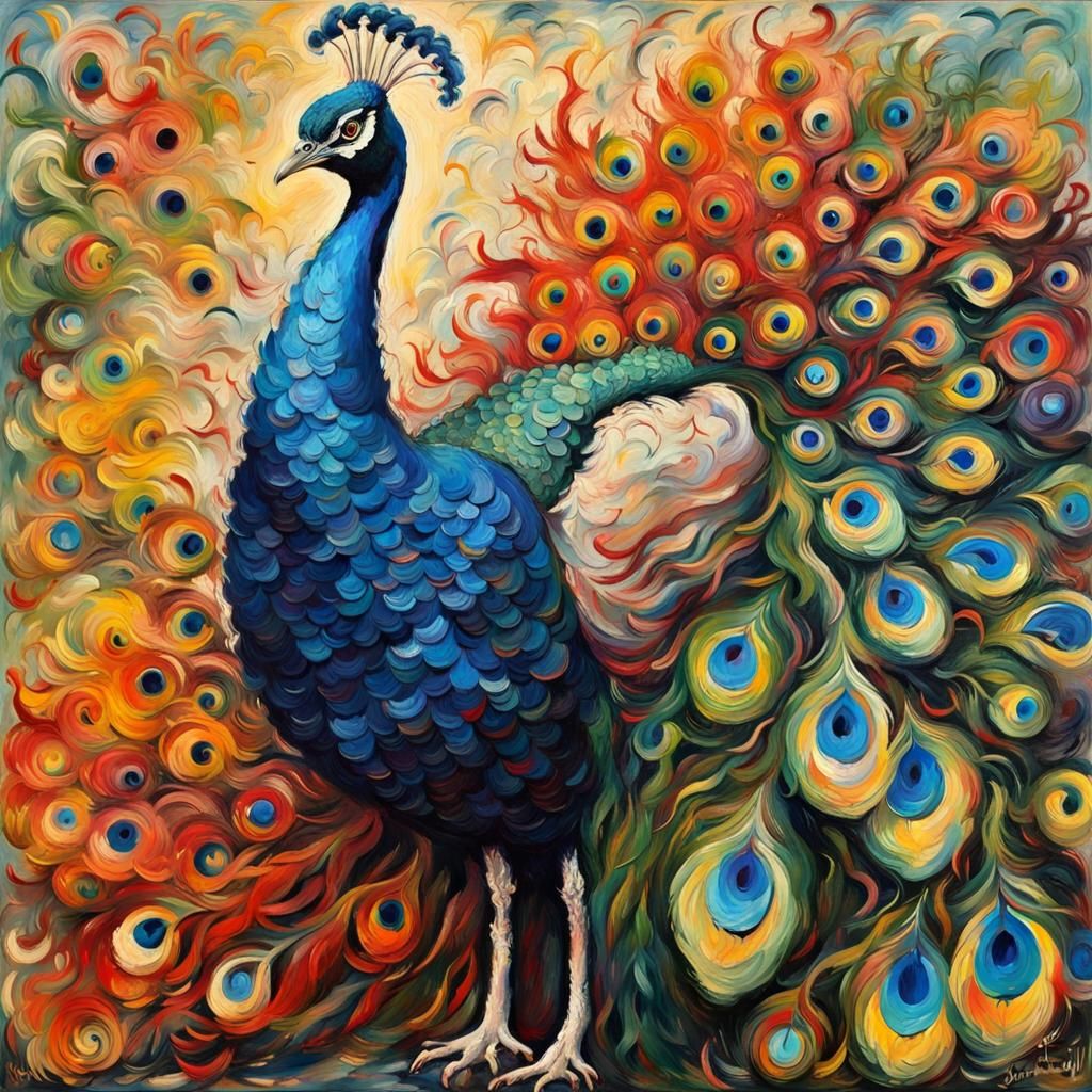 Peacock Tail Feathers in Impasto Oil Painting