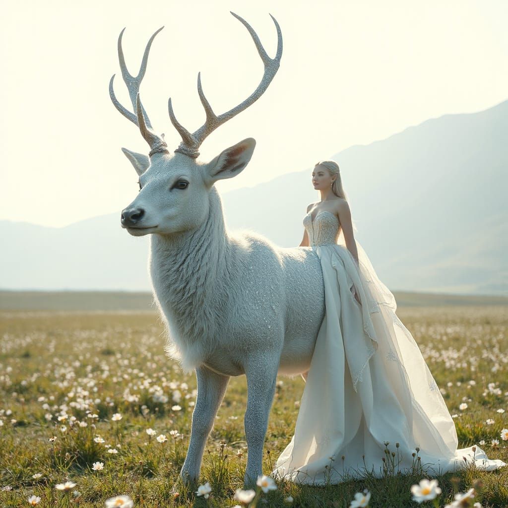 Stardust Deer and Elven Queen in Digital Art Style