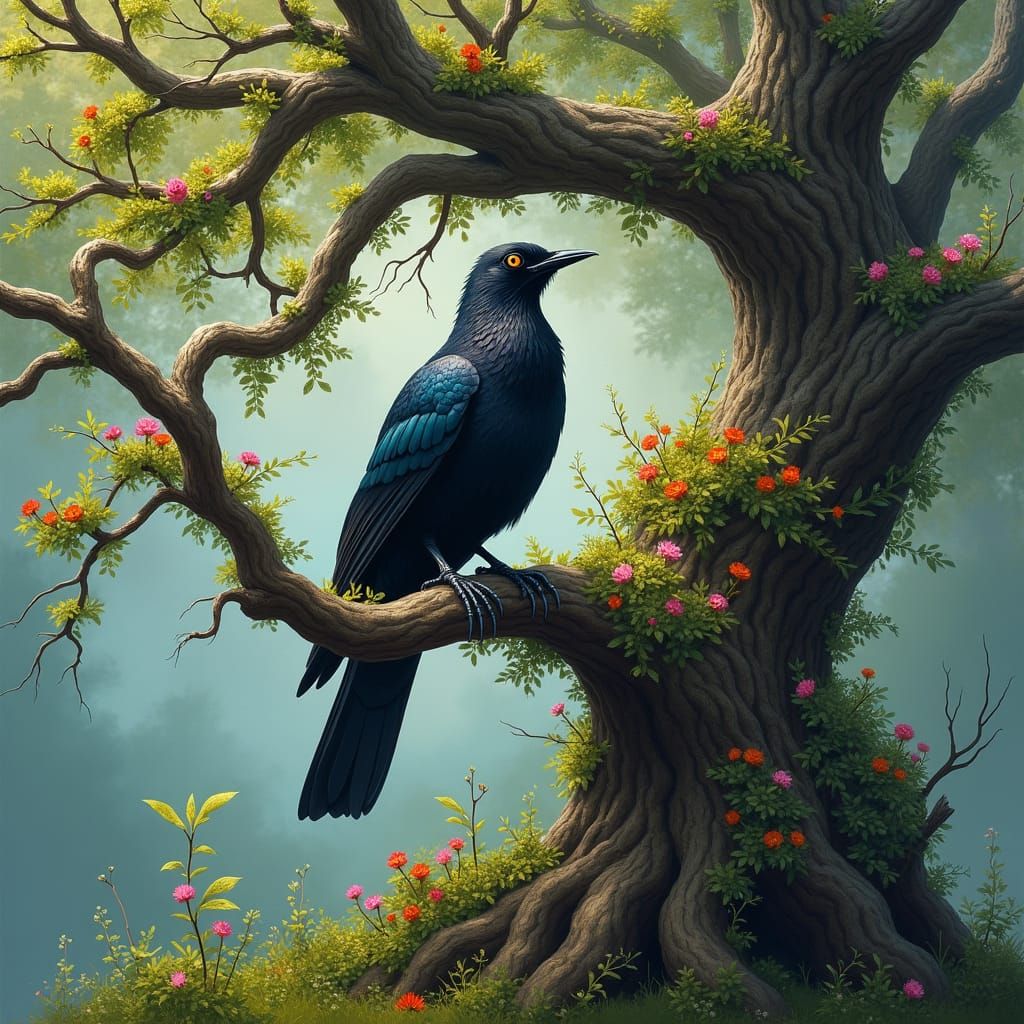 A beautiful black bird with bright eyes sitting on the branc...