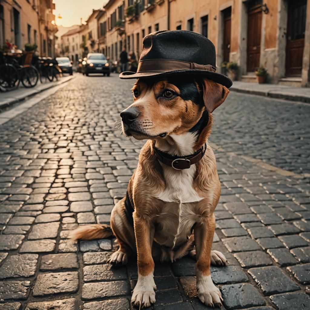 Dog in Hat as Thomas Shelby in Italy Sunset