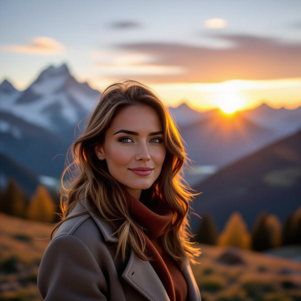 Serious Lady in Swiss Alps at Sunset