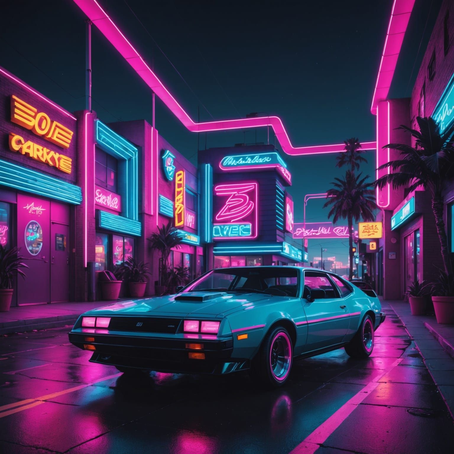 Neon Cyberpunk Cityscape in Synthwave Style