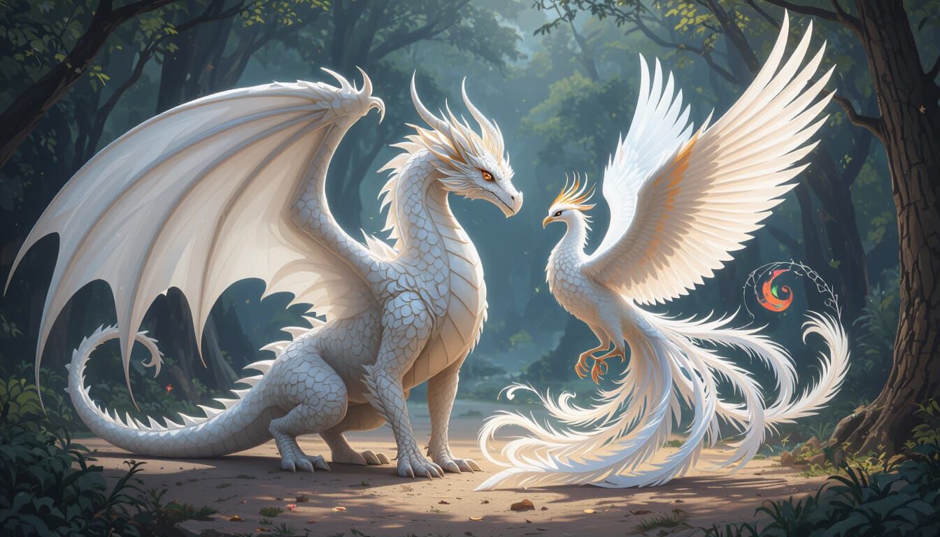 White Dragon and Phoenix Fantasy Scene