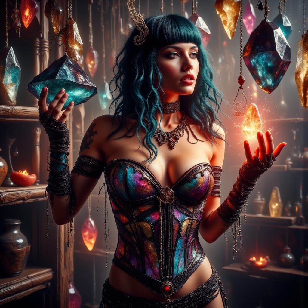 Crystal Prisms in Apothecary, Sorceress Ready for Battle
