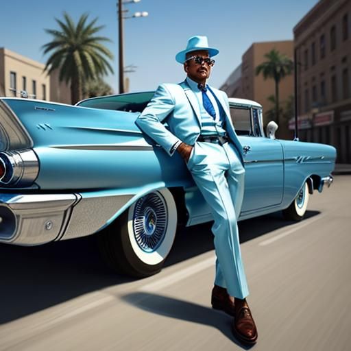 Nothing shaking on Shakedown Street blue 1959 Impala guy in a zoot suit,  Shakedown Street artwork, high definition, cgi...