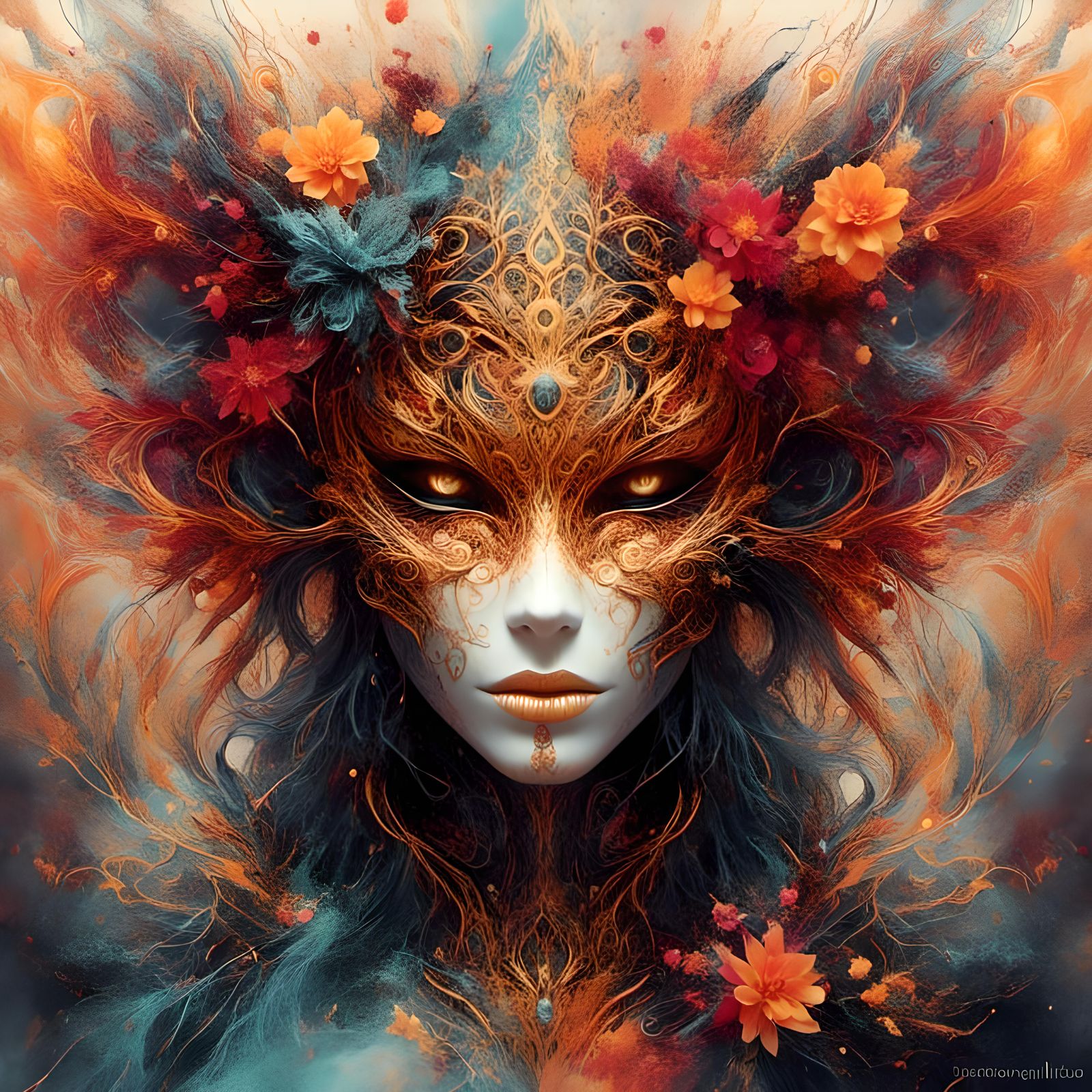 Mysterious Mask in Warm Watercolor Splash Art