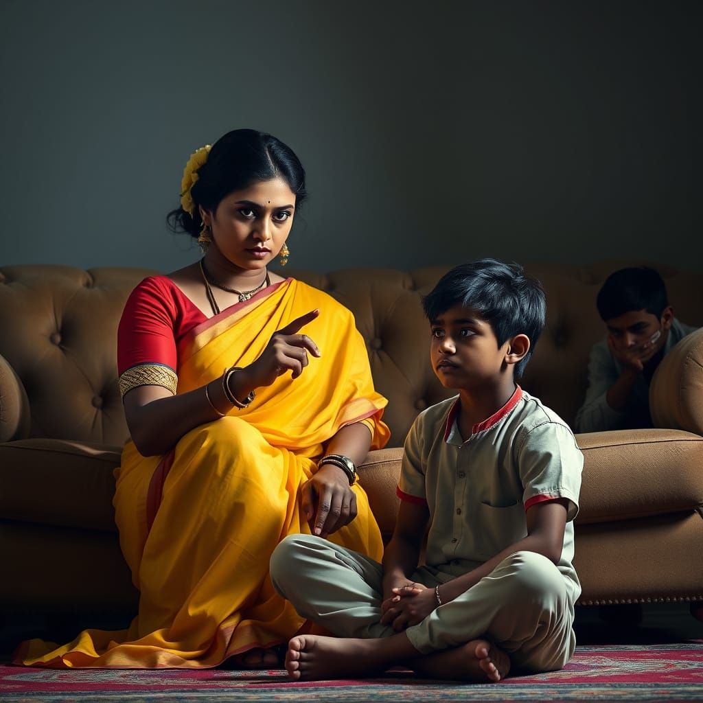 Indian Woman Sternly Admonishes Son in Dramatic Portrait