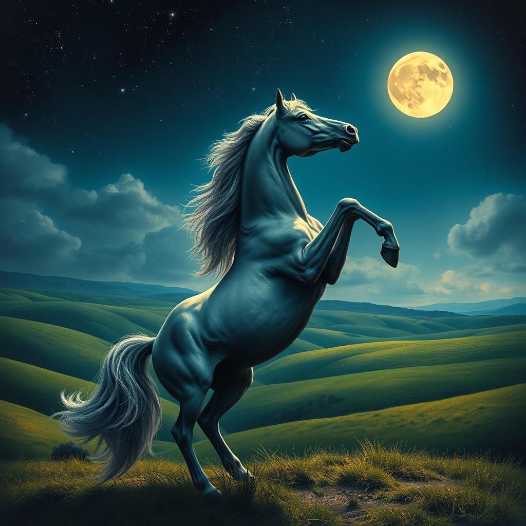 Majestic Horse Rearing Under Starry Moonlit Sky