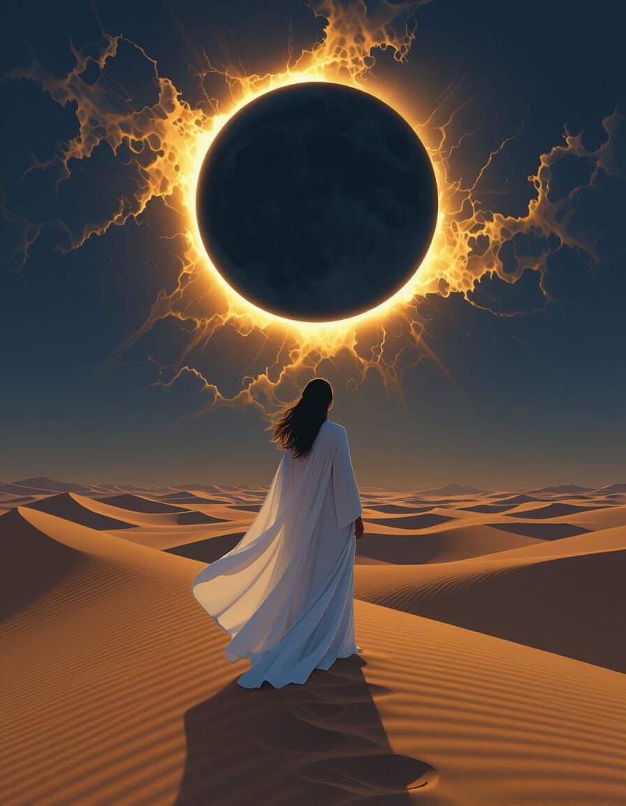 Desert Dunes Under Dramatic Solar Eclipse in Gold and Blue S...