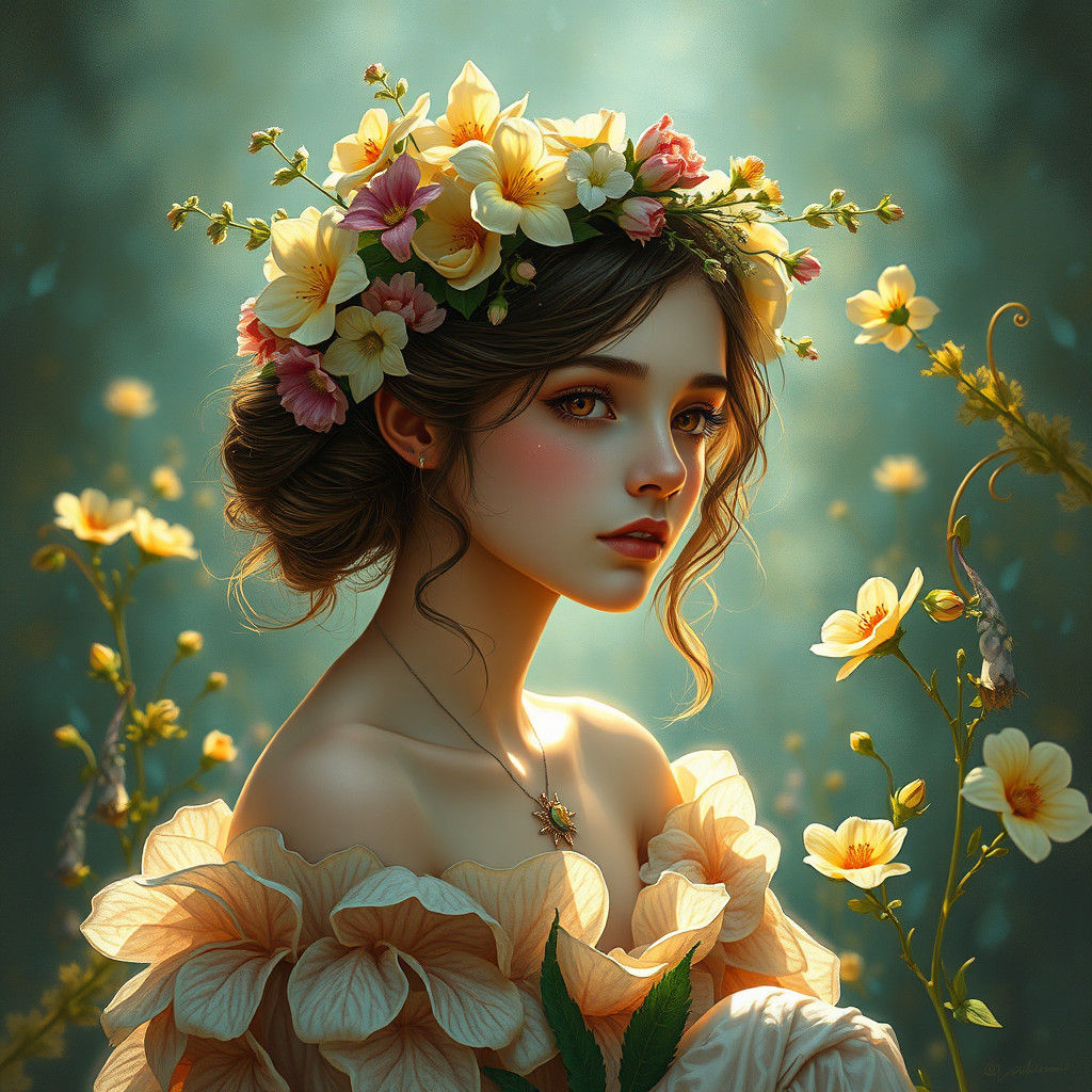 Enchanting Flower Girl Portrait in Art Nouveau Style