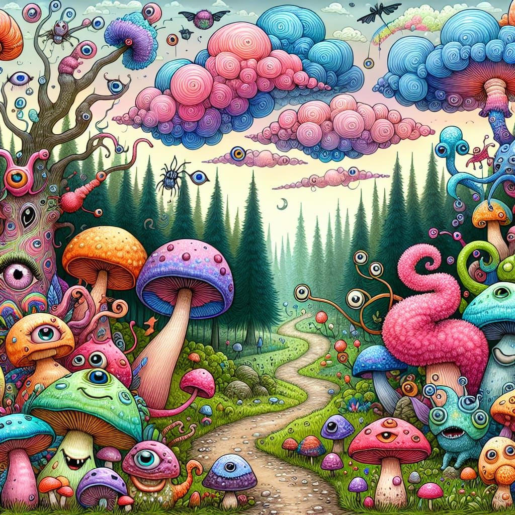 Whimsical Fantasy Scene with Colorful Mushrooms and Peculiar...