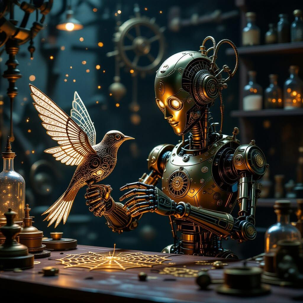 Steampunk Automaton Crafts Mechanical Songbird in Workshop